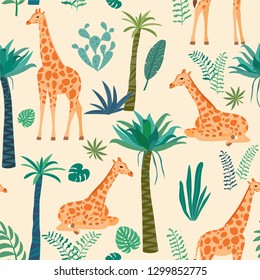 Giraffenmuster mit tropischen Blättern.Vektornahtlose Textur.