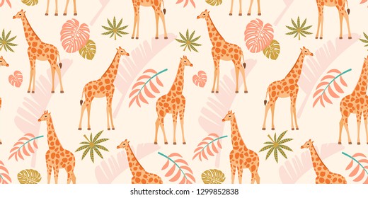 Giraffe pattern with tropical leaves. Vector seamless texture.