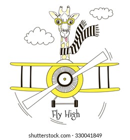 giraffe pilot flying plane , kid illustration