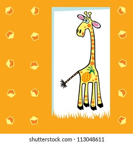 giraffe with pineapple ,cartoon,children illustration on orange background,vector picture for babies and little kids