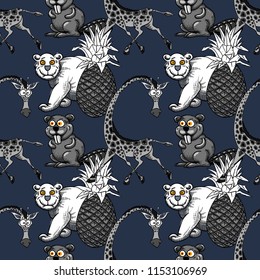 Giraffe, Pineapple And White Bear, Beaver Seamless Pattern