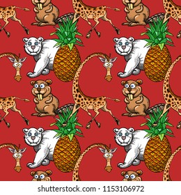 Giraffe, Pineapple And White Bear, Beaver Seamless Pattern