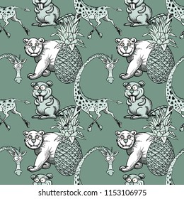 Giraffe, Pineapple And White Bear, Beaver Seamless Pattern