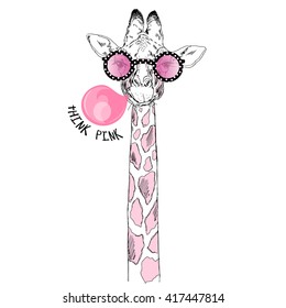 giraffe in pink glasses blowing a bubble gum, hand drawn graphic