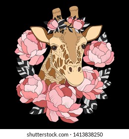 Giraffe with pink peonies print on black background. Giraffe vector illustration. Pink peonies. Animal in flowers design.
Giraffe in blossom. 