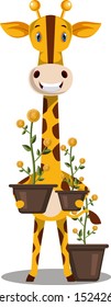 Girafa con plantas, ilustración, vector sobre fondo blanco.
