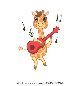 Giraffe Playing Guitar Outlined Flat Vector Illustration In Cute Girly Cartoon Style Isolated On White Background