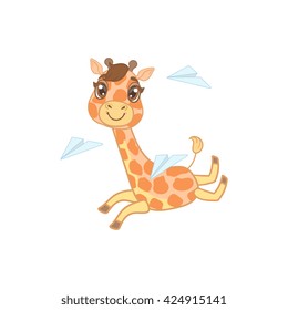 Giraffe Playing With Paper Planes Outlined Flat Vector Illustration In Cute Girly Cartoon Style Isolated On White Background