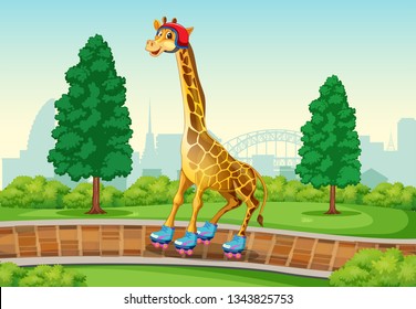 Giraffe playing roller skate in the park illustration