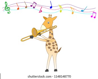 Giraffe is playing the trombone.