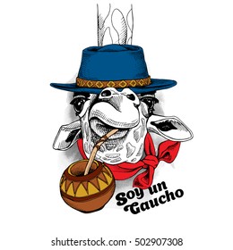 Giraffe portrait in a blue hat, in a red cravat and with a cup of a mate tea.Text in Spanish "I am Gaucho". Vector illustration.