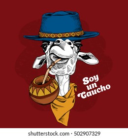 Giraffe portrait in a blue hat, in a yellow cravat and with a cup of a mate tea.Text in Spanish "I am Gaucho". Vector illustration.