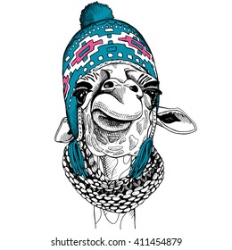 Giraffe portrait in a chullo hat and in knitted scarf. Vector illustration.
