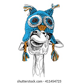 Giraffe portrait in a owl knitted hat. Vector illustration.