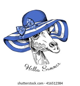 Giraffe portrait of profile in a blue summer sun hat with bow. Vector illustration.