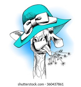 Giraffe portrait with a summer hat in blue tones. Vector illustration.