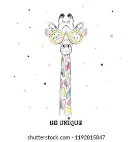 Giraffe portrait wearing bright colored Unicorn accessories. T-shirt print. Hand drawn vector illustration.