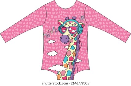 Giraffe print girls swimwear with glasses listening to music