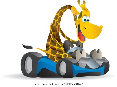 Giraffe racing in a go kart