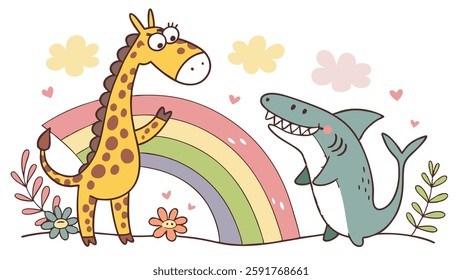 Giraffe, Rainbow, flowers and Shark Kids drawing illustration, vector children color doodle set, cute cartoon animals