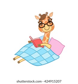 Giraffe Reading A Book Outlined Flat Vector Illustration In Cute Girly Cartoon Style Isolated On White Background