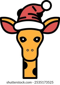 A giraffe with a red hat on its head. The hat is decorated with a white star and a red bow