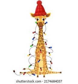 Giraffe in a red hat is wrapped in a garland lights. Drawn in cartoon style