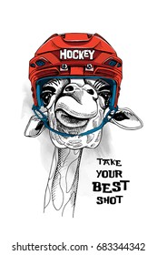 Giraffe in a red Ice Hockey Helmet. Vector illustration.