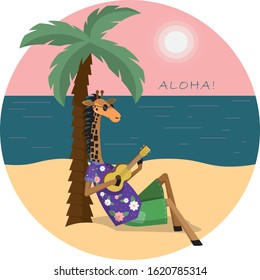 Giraffe resting on the beach. Giraffe playing the ukulele. Summer, beach, sun.