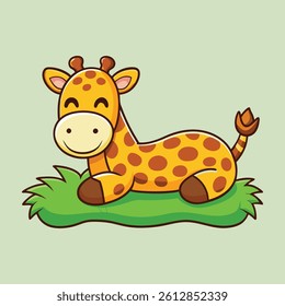 Giraffe Resting On Grass Illustration For Childrens