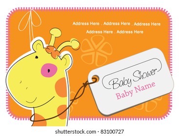 A Giraffe with a ribbon and a greeting Card tied around her neck