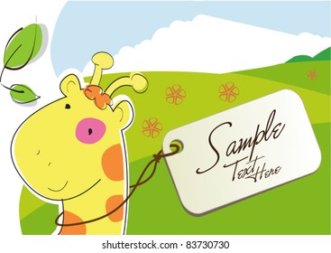 A Giraffe with a ribbon and a greeting Card tied around her neck