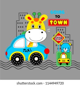 giraffe ride a car, cartoon vector illustration
