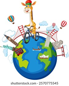 A giraffe rides a bike on a globe