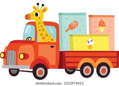 Giraffe rides an ice cream truck