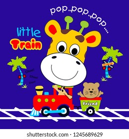 the giraffe rides the train, cartoon vector illustration