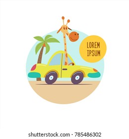 Giraffe rides in a vintage car among the palm trees. Beautiful journey Safari in Africa. Vector illustration. Isolated on a white background.