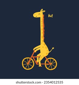 Giraffe riding bicycle and says hi