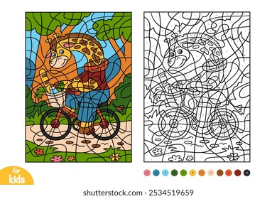 A giraffe is riding a bicycle through the park. Color by number, education game for children