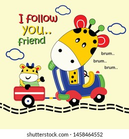 the giraffe is riding a car with his friend, cartooon vector illustration