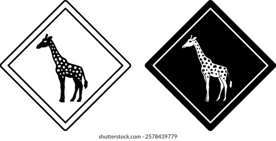 Giraffe Road Signs. Black and White Vector Icons. Road Sign Warning Animals Crossing the Road. Zoo Sticker