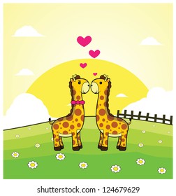 giraffe romantic couple with grass land background