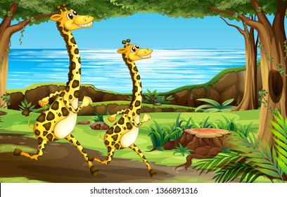 Giraffe running in the forest illustration