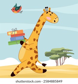 giraffe runs away, giraffe runs, books and giraffe, bird, savannah, heat, animal, africa, sand, blue sky, get a tan, heat, schoolboy, knowledge day, september 1, holidays