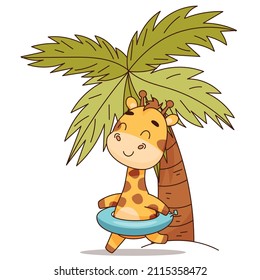 Giraffe runs with blue swim ring near palm tree. Vector illustration for designs, prints and patterns. Vector illustration