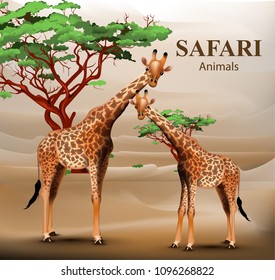 Giraffe safari background Vector. Animals wildlife illustrations
