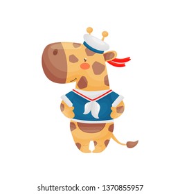 Giraffe sailor character in a cartoon style, in a yellow blue T-shirt and cap.