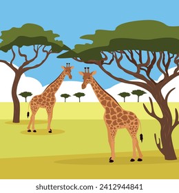 Giraffe in savanna. Vector illustration in flat style.