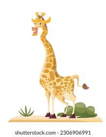 Giraffe savannah animal. Exotic yellow spotted herbivore on sand with grass. African mammal in nature concept. Friendly and funny zoo character. Cartoon flat vector illustration on white background