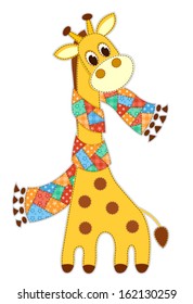 Giraffe in a scarf. Application for children. Vector illustration. Isolated on white.